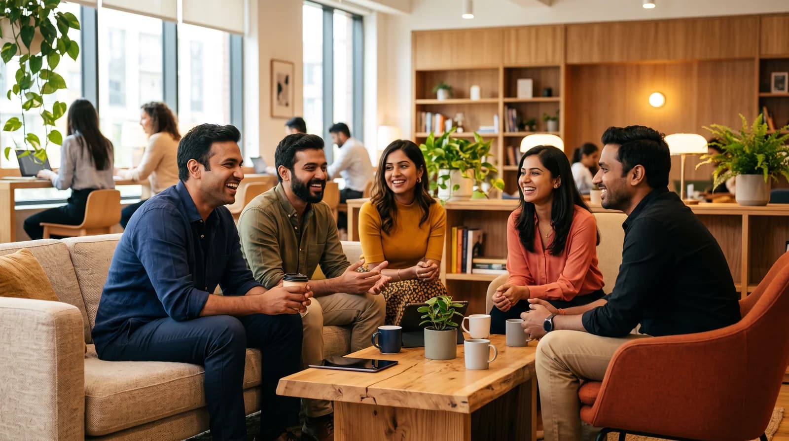 Bizeneed team members talking together in a modern office lounge